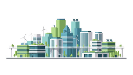 Sustainable cityscape with modern architecture, green spaces, and renewable energy sources, viewed from a high vantage point.