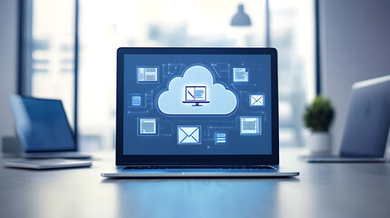 A laptop computer displays a cloud computing interface on its screen in a modern office setting.