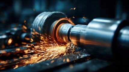 Metalworking process close up of industrial machine in action creating sparks