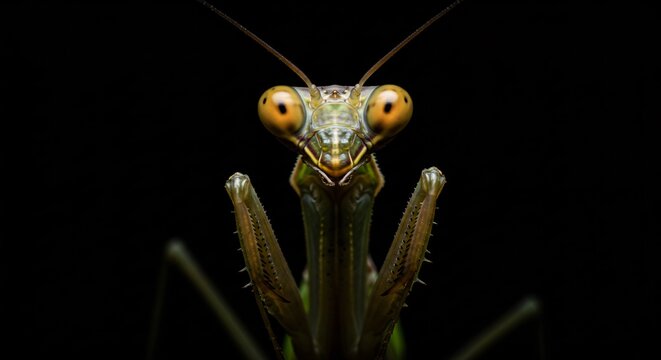 A sharp and symmetrical close-up portrait of a praying mantis's face featuring large amber eyes and detailed antennae emerging from a solid black background.