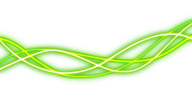 Abstract green neon wavy light trails on transparent background