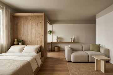 Japandi studio bedroom and living room interior with wooden bed alcove