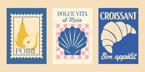 La dolce vita mediterranean kitchen poster set. Retro european food & travel illustrations. European la dolce vita poster set with culinary and coastal motifs © Annisa Tiara Utami