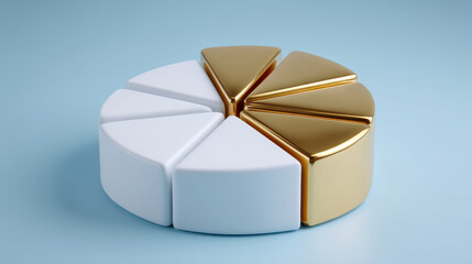 Business pie chart with gold and white segments blue background showing financial division