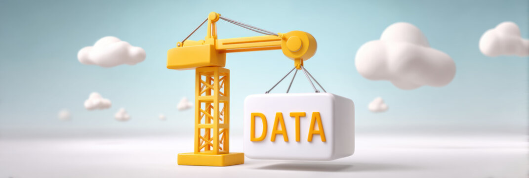 Data cloud crane lifting data cube in business concept scene showing growth and analytics