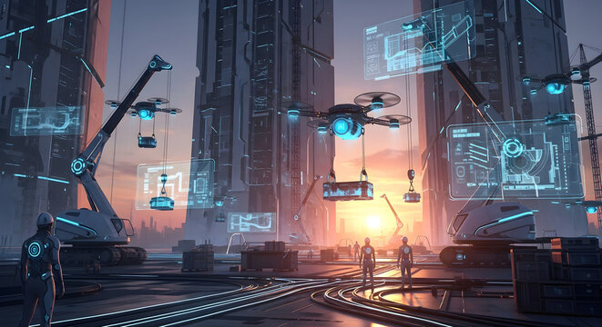 Future city construction site with drones robotic cranes and holographic interfaces at sunset
