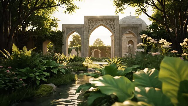 Serene Islamic garden landscape with flowing stream lush tropical plants and ancient stone arches glowing in golden sunset light