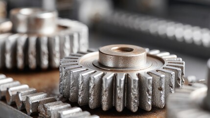 Close up of metallic gears and mechanical components on a wooden surface