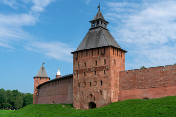 The Spasskaya Tower of the Novgorod Kremlin (Novgorod Detinets) on a sunny summer day, Veliky Novgorod, Russia