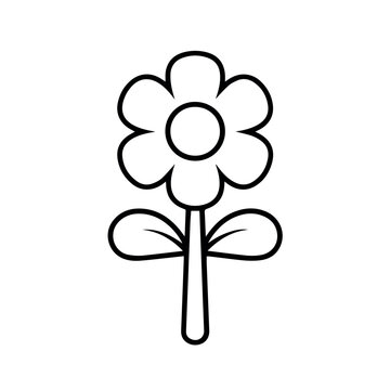 vector A simple and elegant line art illustration of a single flower with six rounded petals and two leaves, presented in a minimalist black and white style.