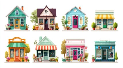 Watercolor illustrations of colorful houses and shops with detailed architecture