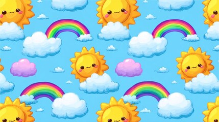 Whimsical pattern of suns rainbows clouds on a light blue background