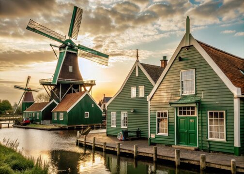 Picturesque Zaanse Schans village scene at sunset with a historic windmill and charming green wooden building