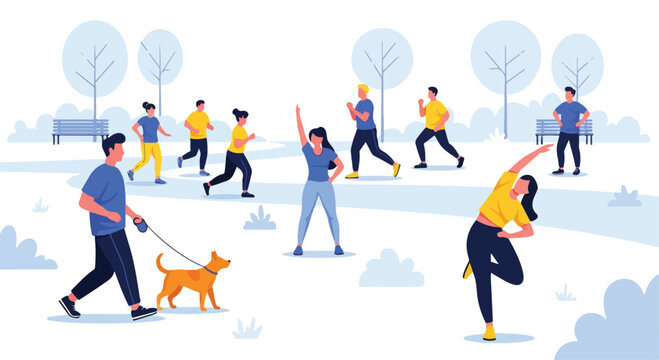 Illustration of diverse people engaging in various outdoor exercises and a man walking a dog on a snowy field with trees in the background, promoting a healthy lifestyle with a vibrant and