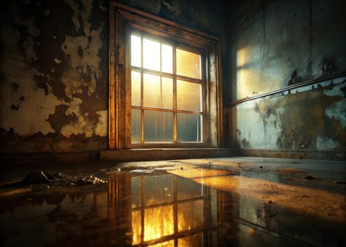 A dampness stain on floor level with rusty window frame reflection