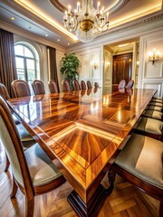 Fototapeta premium A sturdy wooden masterpiece, infused with a glossy epoxy resin finish, serves as the centerpiece of a grand dining room