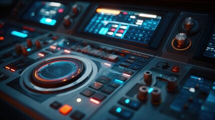 Professional dj mixer console closeup electronic music production