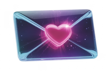 Glowing pink heart in an envelope glowing heart neon isolated on a transparent background