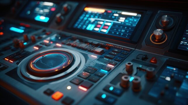 Professional dj mixer console closeup electronic music production