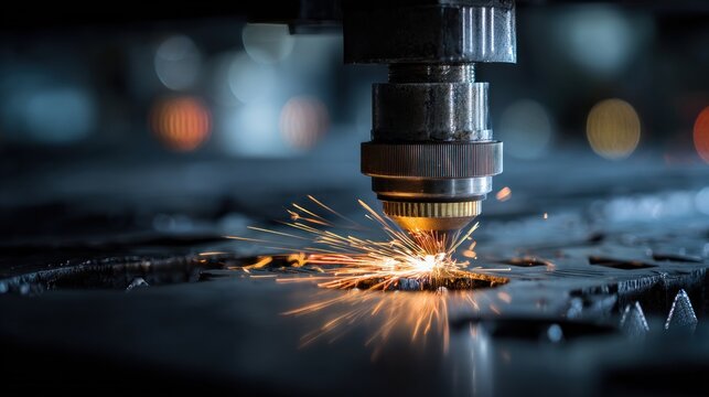 Laser cutting machine in operation with sparks and metal