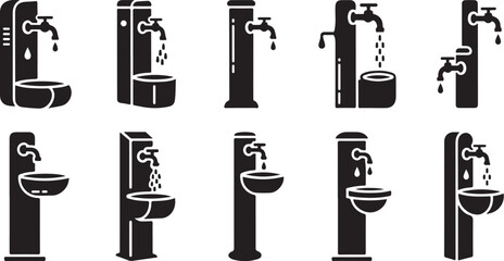 Various Water Faucet and Sink Illustrations in Black and White