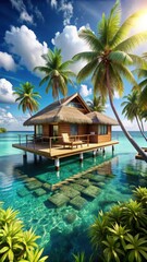 Fototapeta premium Indulge in opulence at this breathtakingly beautiful luxury overwater bungalow, nestled among swaying palms and crystalclear waters in a tropical pa