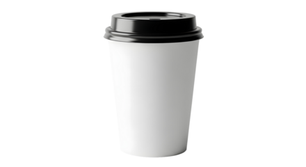 White disposable coffee cup with black lid isolated on transparent background