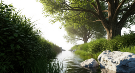 Natural stream flowing through lush green foliage under sun dappled trees in a tranquil forest scene