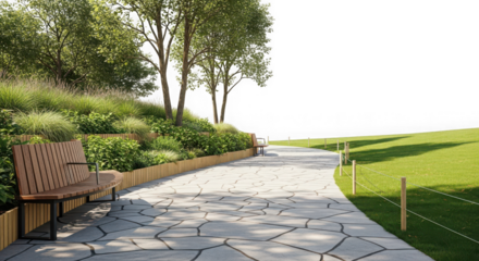 Modern park walkway with wooden bench and lush green landscaping isolated on transparent background