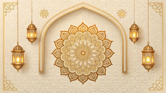 ornate islamic design featuring lanterns arches and a central floral mandala pattern