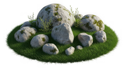 Stone circle arrangement on grass mound with small plants and moss growing on rocks
