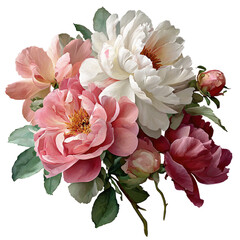 A vibrant floral arrangement featuring lush peonies with varying shades of pink, white, and red