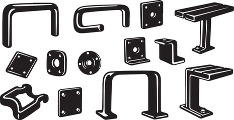 Collection of various metal hardware and bracket designs