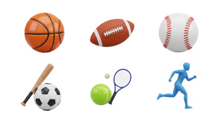 3D Illustration of Various Sports Equipment and Running Figure including Basketball, Football, Baseball, Soccer Ball, Baseball Bat, Tennis Ball, Tennis Racket, and Runner