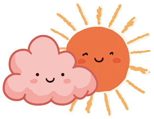 Adorable cartoon illustration depicts a smiling sun and friendly cloud cuddling together
