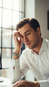 Professional Male in Office Environment Looking Tired at Computer Desk