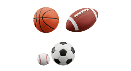Collection of four classic sports balls including basketball, football, baseball, and soccer ball isolated on black background, perfect for sports themes