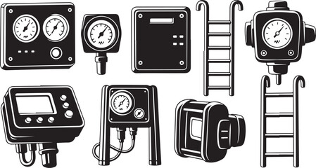 Industrial Control Panel Equipment and Gauges Vector Illustration Set