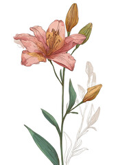 Delicate floral illustration featuring a blooming flower with buds and graceful leaves on a dark backdrop