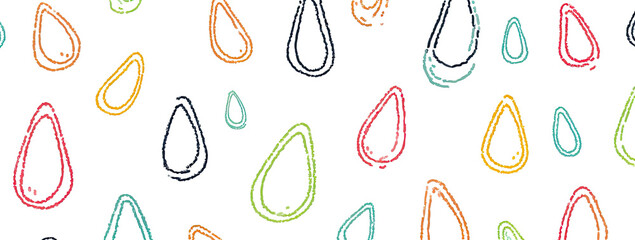 Colorful, abstract teardrop shapes in various colors, outlined in a dotted style on a black background