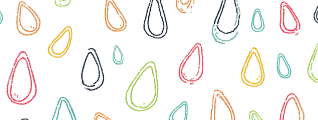 Colorful, abstract teardrop shapes in various colors, outlined in a dotted style on a black background