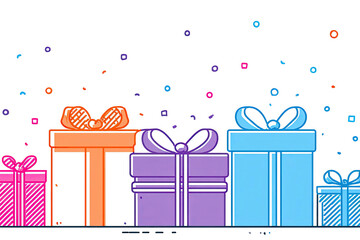 Colorful illustrated presents with ribbons, sparkling confetti, against a black background