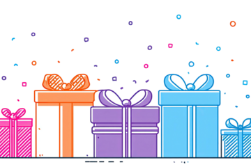 Colorful illustrated presents with ribbons, sparkling confetti, against a black background