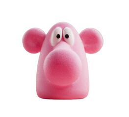 A cartoonish, pink, rounded head creature with large ears, a prominent nose, and blank eyes