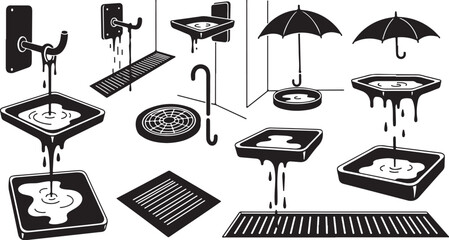 Black and white illustration of various dripping water objects