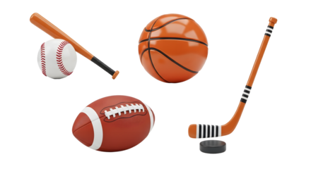 Collection of sports balls and equipment including baseball, basketball, football, and hockey stick with puck, perfect for sports and fitness themes