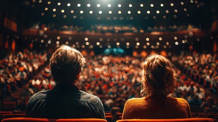 Two people watching a large audience in an auditorium