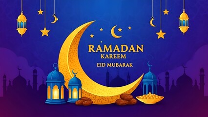 Colorful illustration with crescent moon, lanterns, stars, and religious text, celebrating Ramadan
