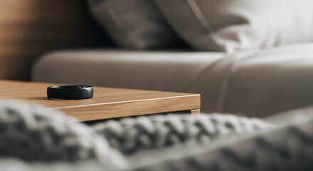 Close-up of sleek black smart ring fitness tracker resting on a wooden nightstand in a cozy, modern bedroom setting. Wearable technology for sleep monitoring, health tracking, and overall personal wel
