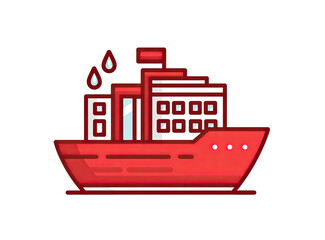 A stylized illustration features a red passenger ship with water droplets, in a minimalist style